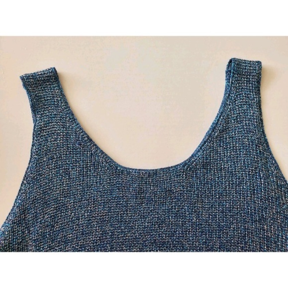 Vintage 90s Blue Crochet Knit Tank Christine Phillipe Sleeveless Shimmer Top M - Picture 8 of 14